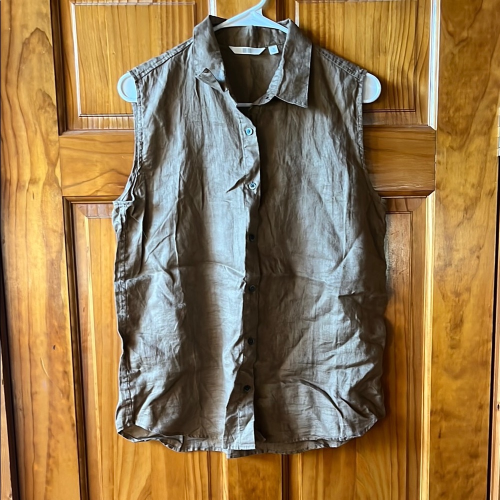 Sleeveless Linen Brown Button-Up Shirt